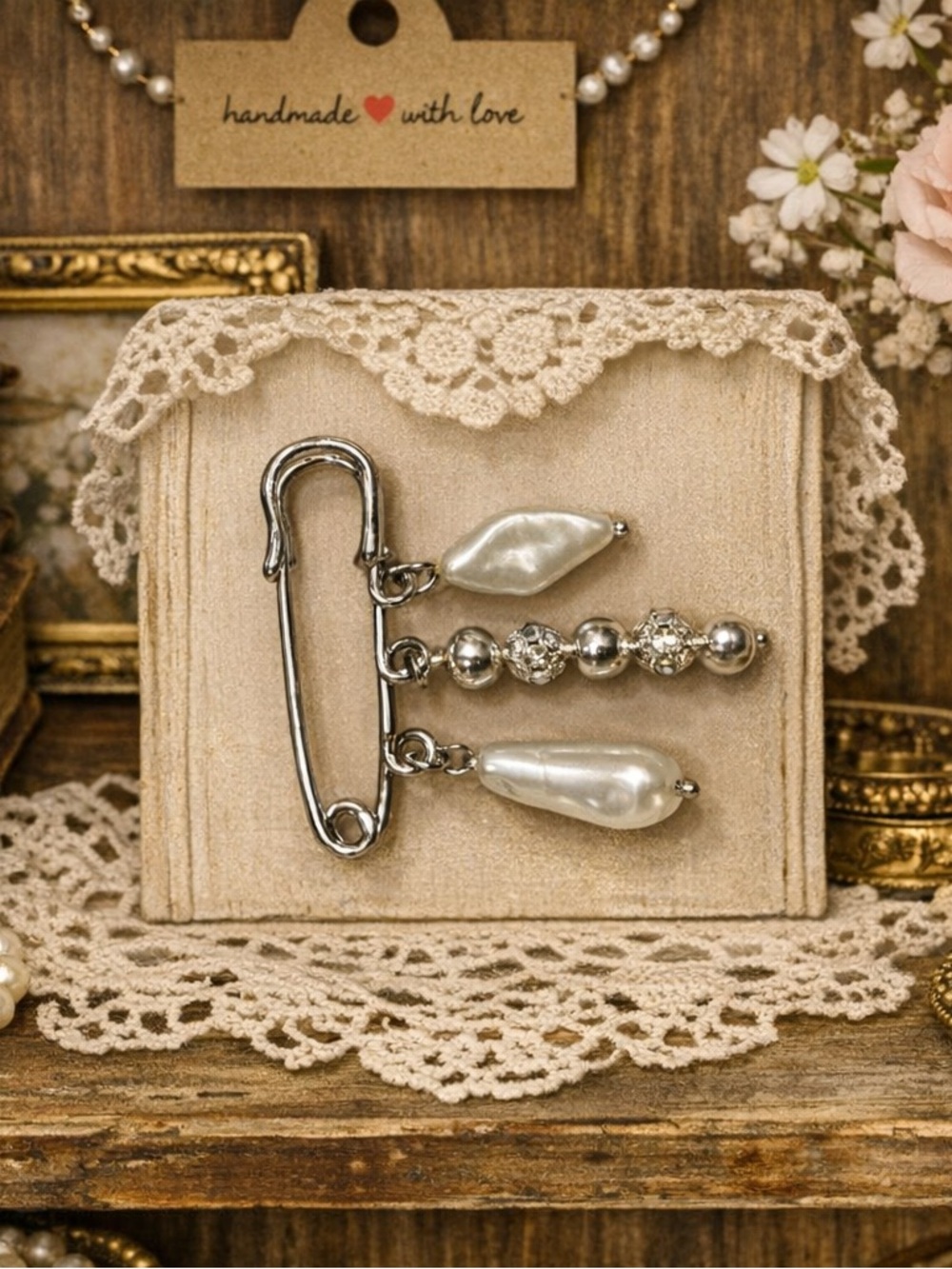 Handmade Silver-Tone Pearl Drop Brooch - Cream Pearls